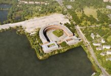 Baufeier auf der Kulturgroßbaustelle Kongresshalle: Verbindung zwischen Bestand und Spielstätte des Staatstheaters Nürnberg im Innenhof vollzogen